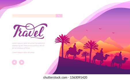 Camel walk tour vector landing page template. Travel agency website homepage. Morocco, Sahara desert landscape minimalistic illustration. Egypt excursion flat web banner layout design