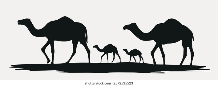Camel walking black silhouette white background, Camel vector illustration, Camel family walking in the desert vector, Camel walking silhouettes