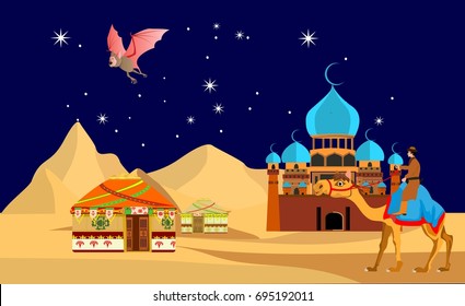Camel walking in desert sands vector illustration in the night, bat   