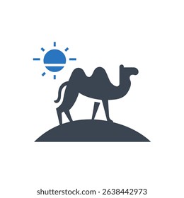 A camel walking in the desert with the sun icon.