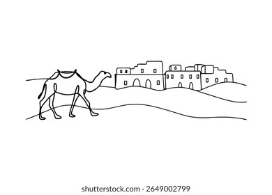 Camel walking towards desert village sand dunes architecture