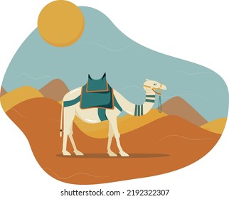 The camel walks on the sands. Background for a web page. Banner. Postcard. Souvenir products