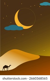 Camello camina por el desierto por la noche, luna, estrellas, nubes. Gráficos planos. Un concepto para su Anuncio, folleto o publicidad. Dibujo de Vertical.