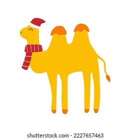 Camel wearing santa hat, cute icon design for kids. Animal on white background. Vector