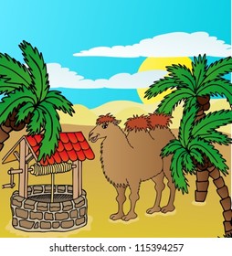Camel and well - vector illustration.
