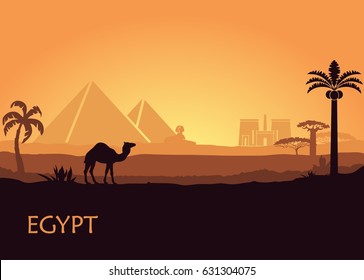 Camel in wild Africa pyramids and Luxor temple landscape background illustration.