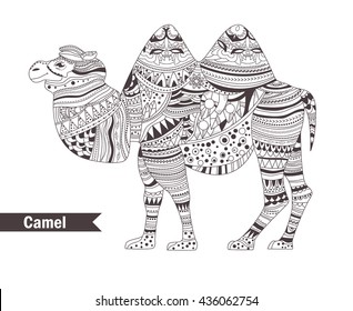 Camel. Zentangle style. Coloring book for adult, antistress coloring pages. Hand drawn vector isolated illustration on white background. Henna mehendi, tattoo sketch