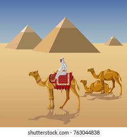 Camelcade in desert with Egyptian pyramids. Vector illustration