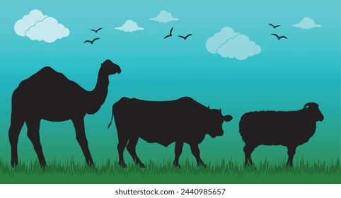 camel,cow,sheep silhouette on the meadow,
