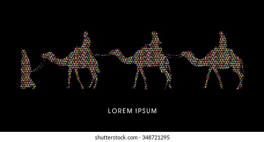 Cameleer with camels designed using colorful triangle mosaic graphic vector