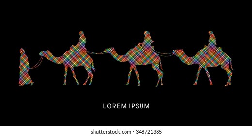 Cameleer with camels designed using colorful line pixels graphic vector