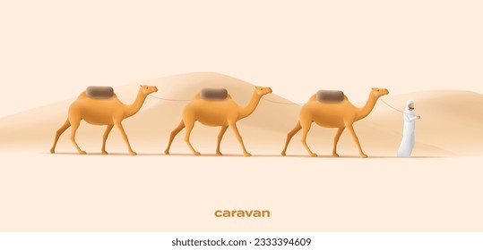 Camelleros con caravana de camellos en un paisaje desértico, hombres liderando animales y bienes, 3d ilustración