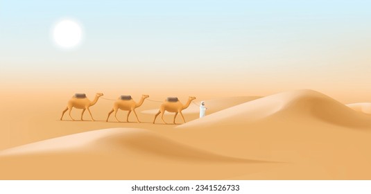 Cameleer men with camels caravan in a desert landscape, man leading animals in dune, 3d illustration