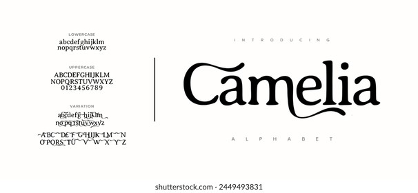 Camelia elegant Font Uppercase Lowercase and Number. Classic Lettering Minimal Fashion Designs. Typography modern serif fonts regular decorative vintage concept. vector illustration