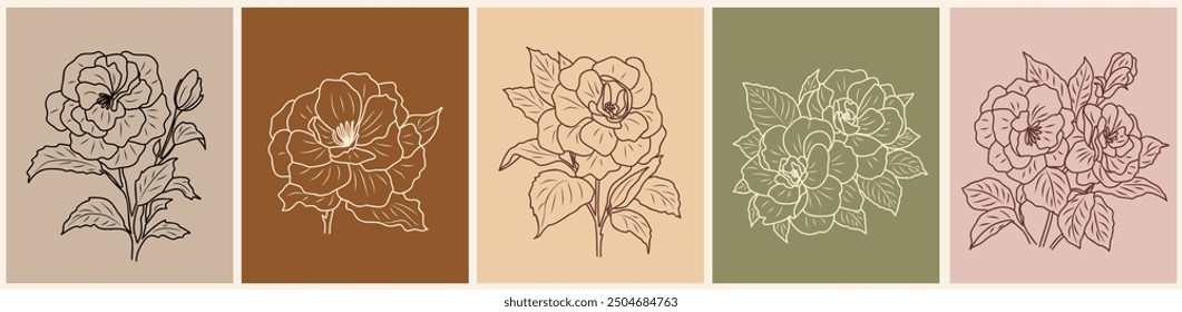 Camelia flower bouquets Line art Drawing Print Set. Botanical Poster, gallery wall art. Outline Vector monochrome sketch illustrations isolated on earth tone backgrounds.