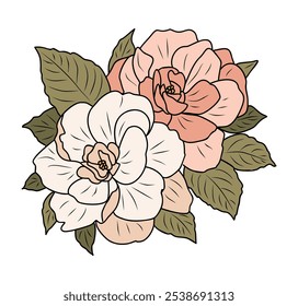 Camelia flower colored outline drawings. Modern design for tattoo, wedding invitation, logo, cards, packaging. Vector hand drawn illustration isolated on white background.	