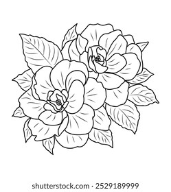 Desenho de arte de flor de camélia. Esboço de tinta preta desenhado à mão. Design moderno para tatuagem, convite de casamento, logotipo, cartões, embalagem. Ilustração de contorno de vetor isolada em fundo branco.