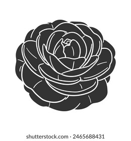 Ilustración de silueta de icono de Camelia. Vector de Flores Gráfico Pictograma Símbolo Clip Arte. Doodle Sketch Signo Negro.