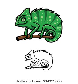 camelion on twig cartoon illustration 