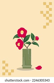 Camellia in bamboo vase with checkered background