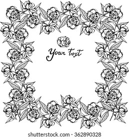 camellia. Beautiful card for your. Invitation, t-shirt print. Leaves. Wreath of flowers. Handmade. black and white. Ink. coloring books