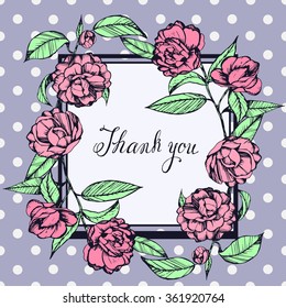 camellia, beautiful vintage card, ink, handmade, leaves, flowers, buds, pink and green, purple