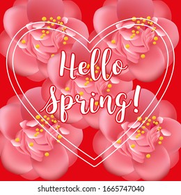 Camellia blossom greeting card template, calligraphic happy holiday text.