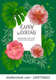Camellia blossom greeting card template, calligraphic happy holiday text.