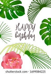 Camellia blossom greeting card template, calligraphic happy holiday text.