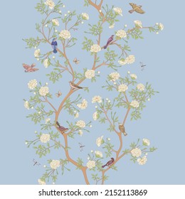 Camellia blossom tree With sparrow, finches, butterflies, dragonflies. Seamless pattern, background. Vector illustration. In botanical style