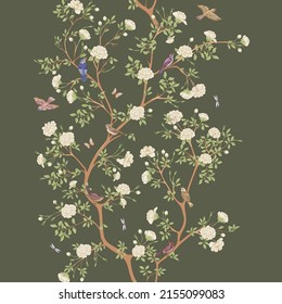 Camellia blossom tree With sparrow, finches, butterflies, dragonflies. Seamless pattern, background. Vector illustration. In botanical style