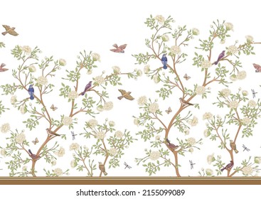 Camellia blossom tree With sparrow, finches, butterflies, dragonflies. Seamless pattern, background. Vector illustration. In botanical style