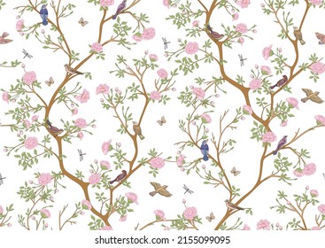 Camellia blossom tree With sparrow, finches, butterflies, dragonflies. Seamless pattern, background. Vector illustration. In botanical style