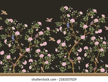 Árbol de flores camellia con gorrión, aletas, mariposas, libélulas. Patrón sin inconvenientes, fondo. Ilustración vectorial. Chinoiserie, tradicional motivo botánico oriental.