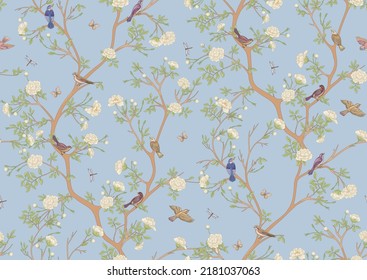 Camellia blossom tree With sparrow, finches, butterflies, dragonflies. Seamless pattern, background. Vector illustration. Chinoiserie, traditional oriental botanical motif.