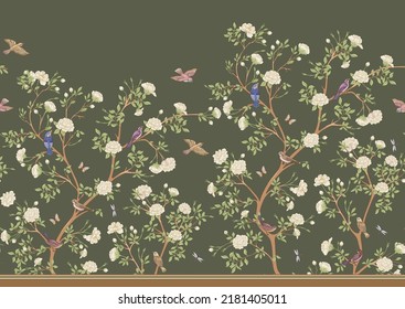 Camellia blossom tree With sparrow, finches, butterflies, dragonflies. Seamless pattern, background. Vector illustration. Chinoiserie, traditional oriental botanical motif.