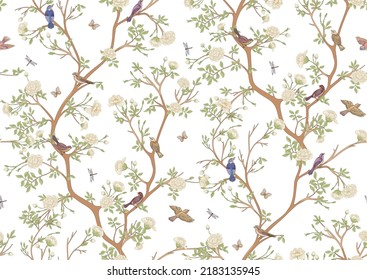 Camellia blossom tree With sparrow, finches, butterflies, dragonflies. Seamless pattern, background. Vector illustration. Chinoiserie, traditional oriental botanical motif.