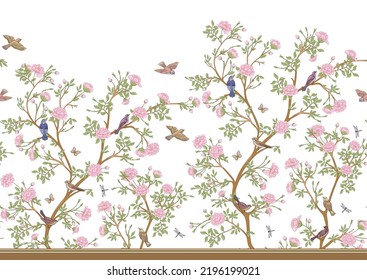 Camellia blossom tree With sparrow, finches, butterflies, dragonflies. Seamless pattern, background. Vector illustration. Chinoiserie, traditional oriental botanical motif.