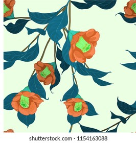 Camellia branches. Seamless pattern.Vector illustration. Flowers, buds and leaves - a branch of camellia.  Perfumery and cosmetic plants. Wallpaper. Use printed materials, signs, posters, postcards.