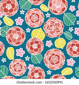 Camellia and cherry blossom pattern. Modern Japanese floral print in a colorful graphic flat style. Seamless vector background with texture overlay. EPS10 file.