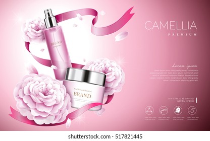 Camellia cosmetic ads, elegant pink camellia with cream bottle and ribbons, 3d illustration