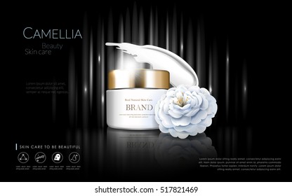 Camellia cosmetic ads, elegant white camellia isolated on black background, 3d illustration