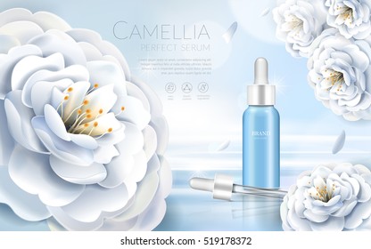 Camellia cosmetic ads, elegant white camellia with droplet bottle, 3d illustration