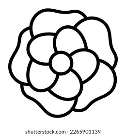 Camellia, editable icon. Blooming flower head. Symbol of adoration, romantic gift. Volume petals, close-up view. Botanical illustration in minimalistic style. Thin strokes, linear flat vector