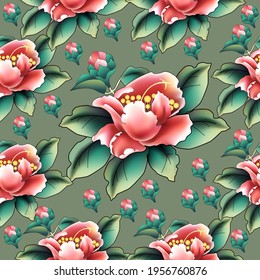 Camellia exotic flower. Pattern in Chinese style. Vector illustration. Use printed materials, signs, objects, websites, maps. 