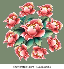 Camellia exotic flower. Pattern in Chinese style. Vector illustration. Use printed materials, signs, objects, websites, maps. 