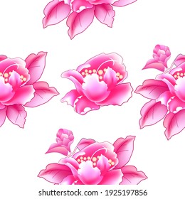 Camellia exotic flower. Seamless pattern in Chinese style. Vector illustration. Use printed materials, signs, objects, websites, maps. 