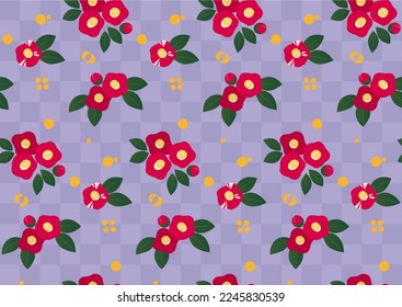 Camellia flower and checkerboard pattern, purple