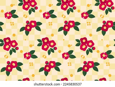 Camellia flower and checkerboard pattern, yellowish