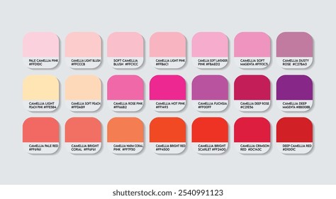 Camellia  Flower Color Palette, Camellia Flower Colors Guide Palette with Color Names. Catalog Samples Red RGB HEX codes. natural Camellia pink variations, Fashion Trend Camellia Flower Color Palette